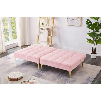 71" Convertible sofa bed futon with gold metal legs teddy fabric (Pink)