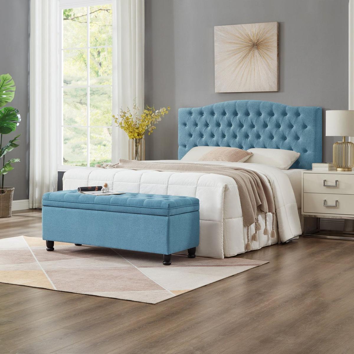 Upholstered tufted button storage bench, Linen fabric entry bench with spindle wooden legs, Bed bench- Light Blue