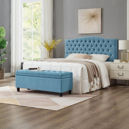 Upholstered tufted button storage bench, Linen fabric entry bench with spindle wooden legs, Bed bench- Light Blue