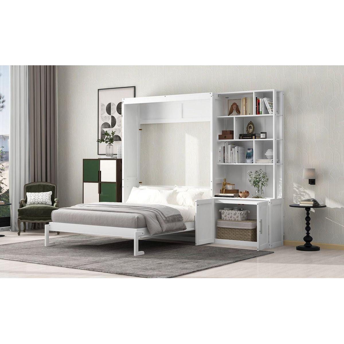 Full Size Murphy Bed with Multiple Storage Shelves and A Cabinet, White