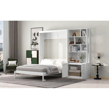 Full Size Murphy Bed with Multiple Storage Shelves and A Cabinet, White