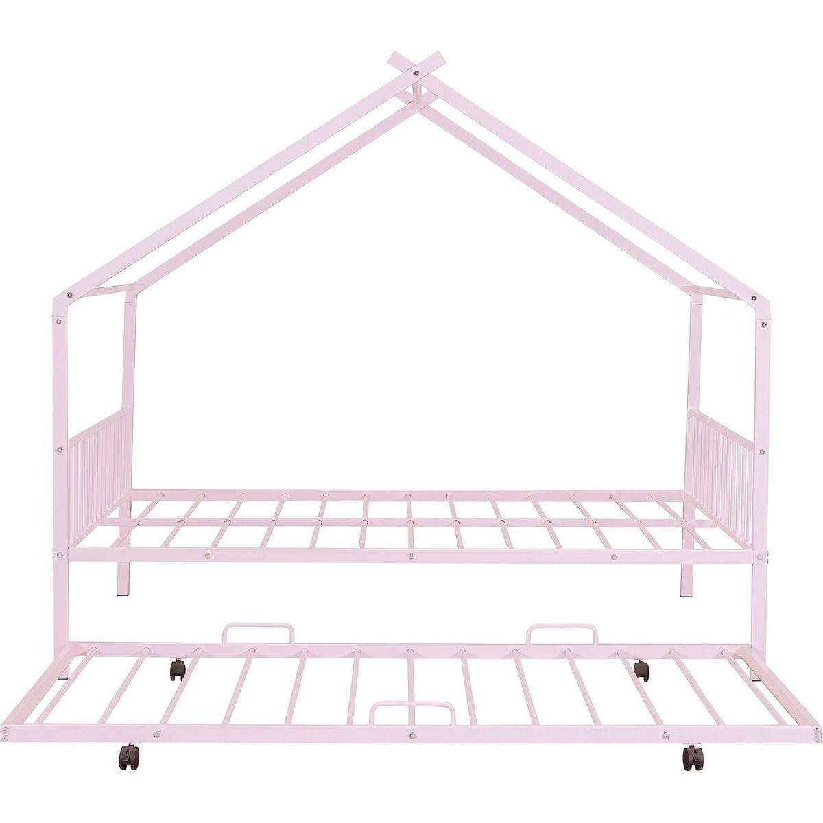 Full Size Metal House Bed with Twin Size Trundle, Pink