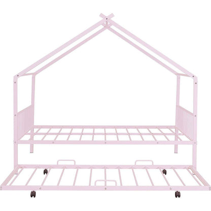 Full Size Metal House Bed with Twin Size Trundle, Pink