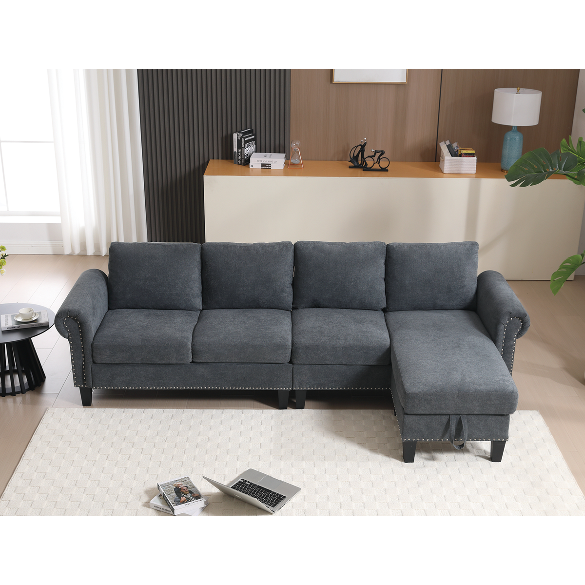 Convertible Sectional Sofa with Storage,L-shaped sofa,Four-seater sofa,Modern Linen Fabric Sectional Couches for Living Room,Gray