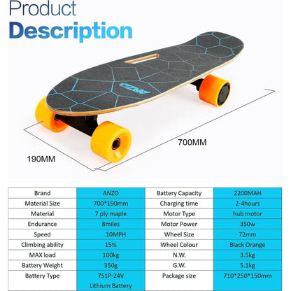 Small Electric Skateboard with Remote Control, 350W, Max 10 MPH, 7 Layers Maple E-Skateboard, load up to 100kg for Adult, Teens, and Kids