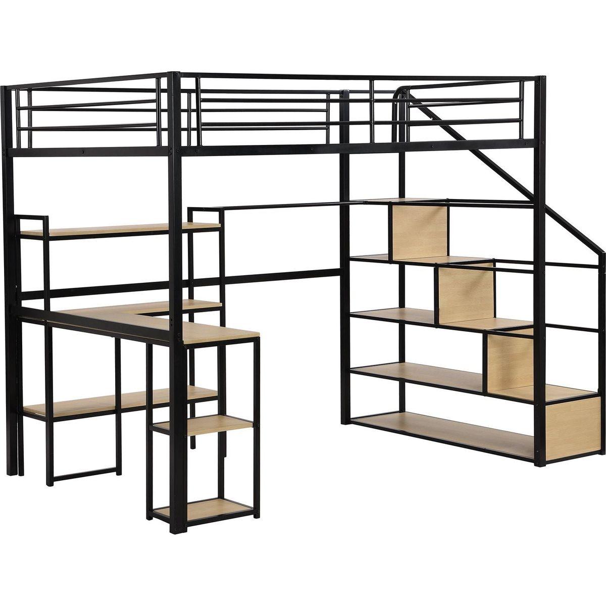 Full Size Metal Loft bed with Staircase, Built-in Desk and Shelves, Black