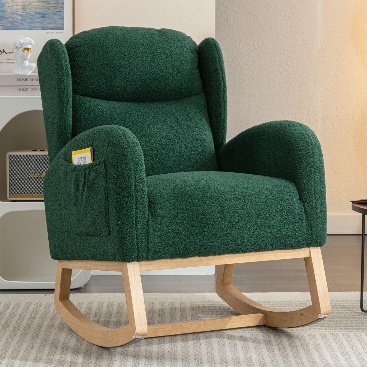 Teddy Fabric Rocking Chair With Packet Wood Legs,Green