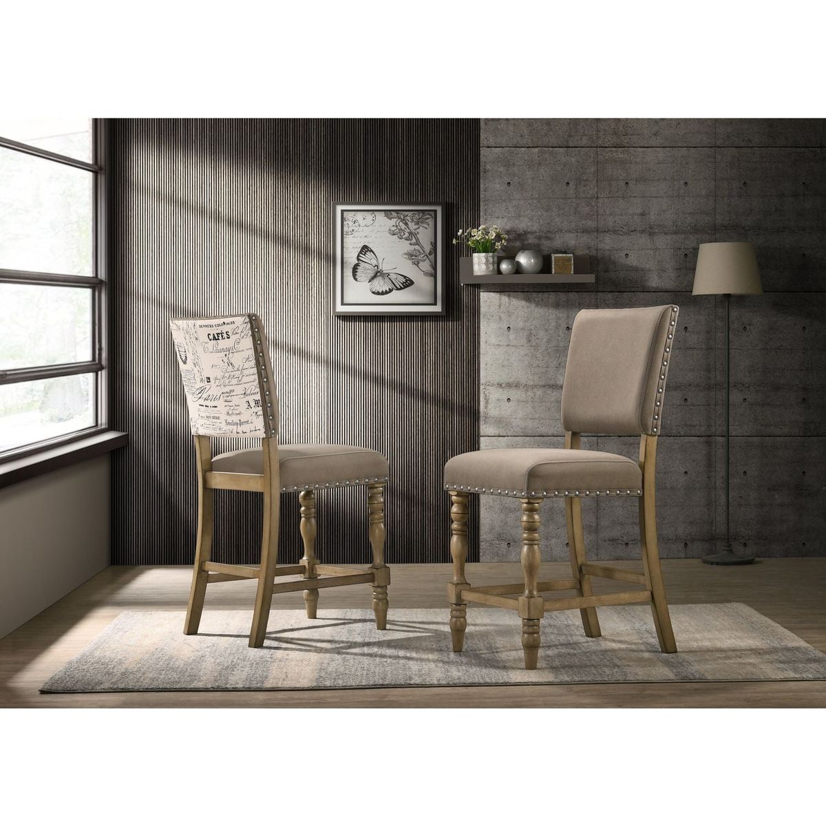 Birmingham Script Printed Driftwood Finish Counter Height Dining Chair with Nail head, Set of 2
