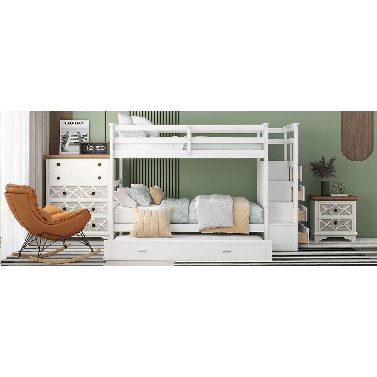 Twin Over Twin Bunk Bed with Trundle and Staircase,White