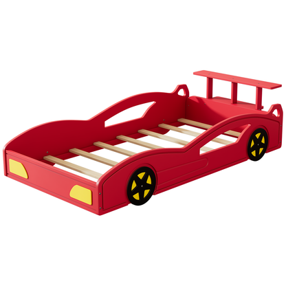 Wooden Race Car Bed,Car-Shaped Platform Twin Bed with Wheels For Teens,Red & Yellow