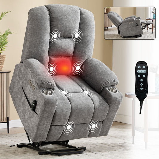 Power Lift Recliner Chair with Massage and Heat for Elderly, Overstuffed Wide Recliners, Heavy Duty Motion Mechanism with USB and Type C Ports, 2 Steel Cup Holders, Light Grey