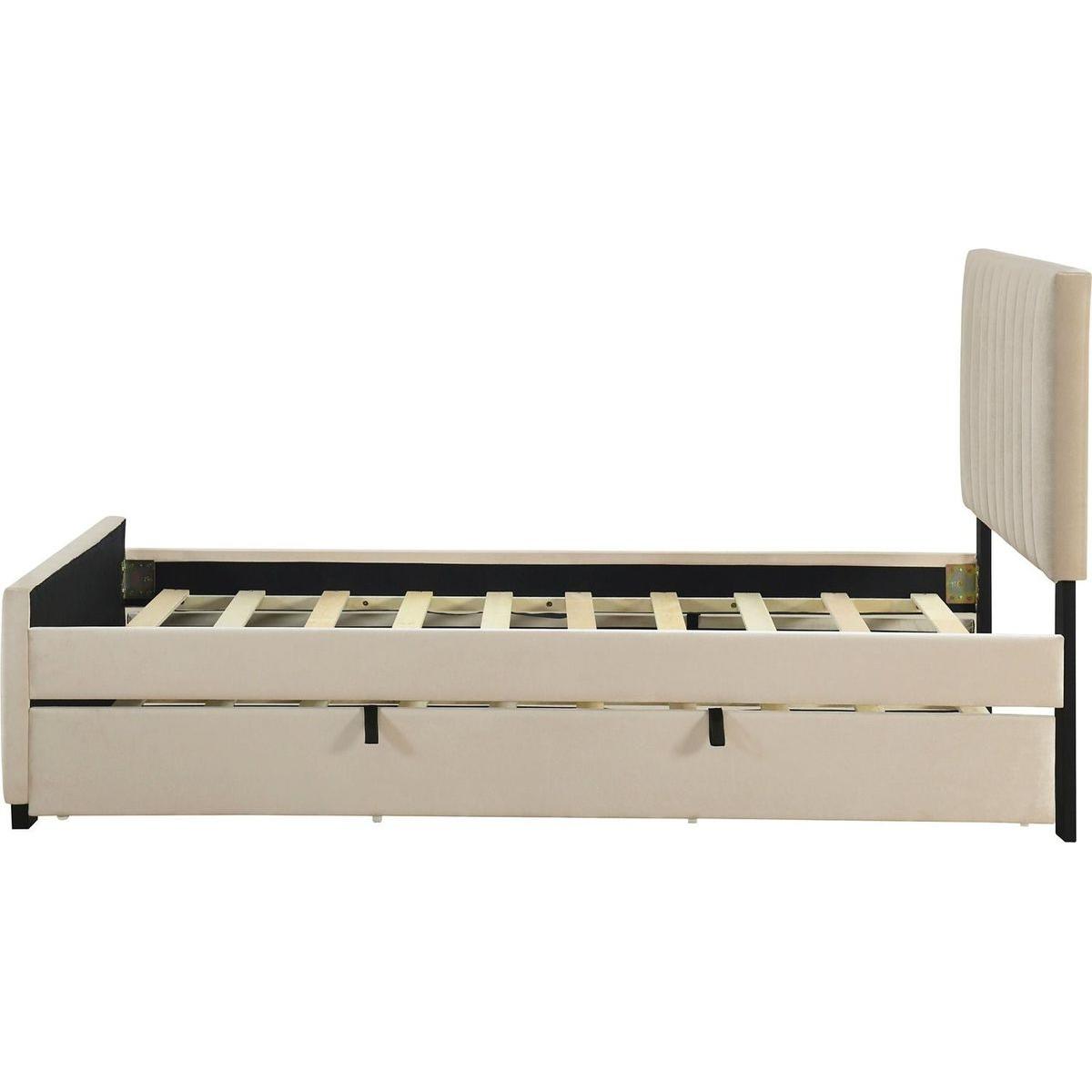 Twin Size Velvet Upholstered Platform Bed with Twin Size Trundle, Beige