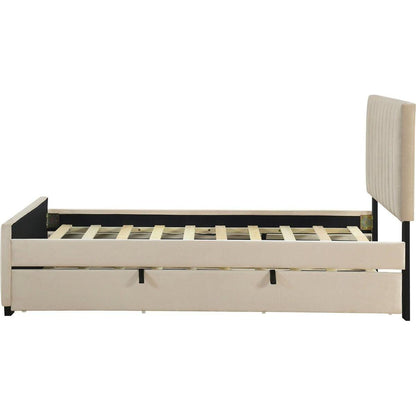 Twin Size Velvet Upholstered Platform Bed with Twin Size Trundle, Beige