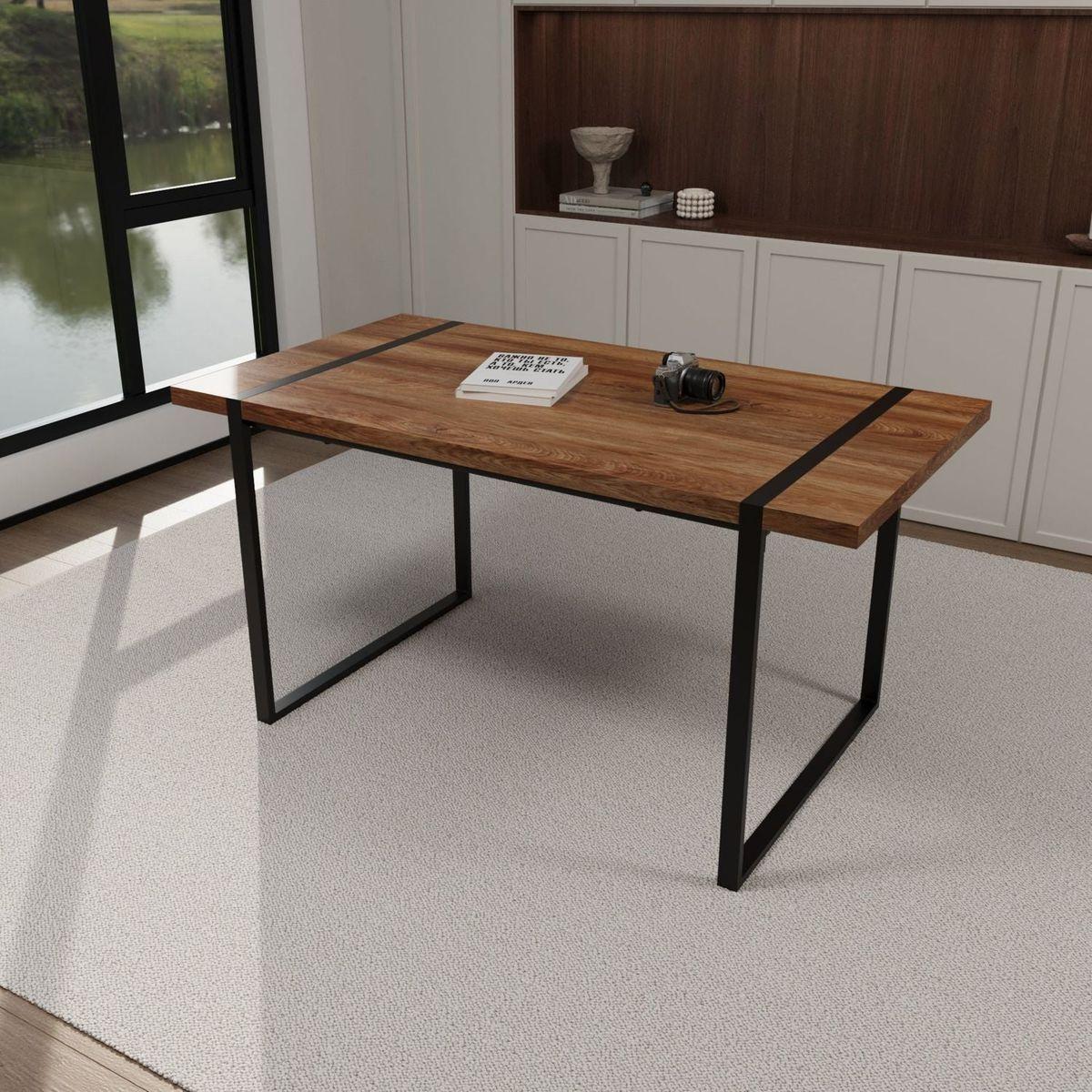 59 "rural industrial rectangular MDF natural wood dining table, 4-6 people, 1.5" thick engineering wood tabletop and black rectangular metal legs, used for writing desks, kitchens, terraces