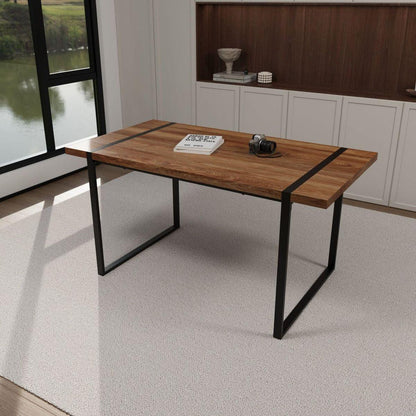 59 "rural industrial rectangular MDF natural wood dining table, 4-6 people, 1.5" thick engineering wood tabletop and black rectangular metal legs, used for writing desks, kitchens, terraces