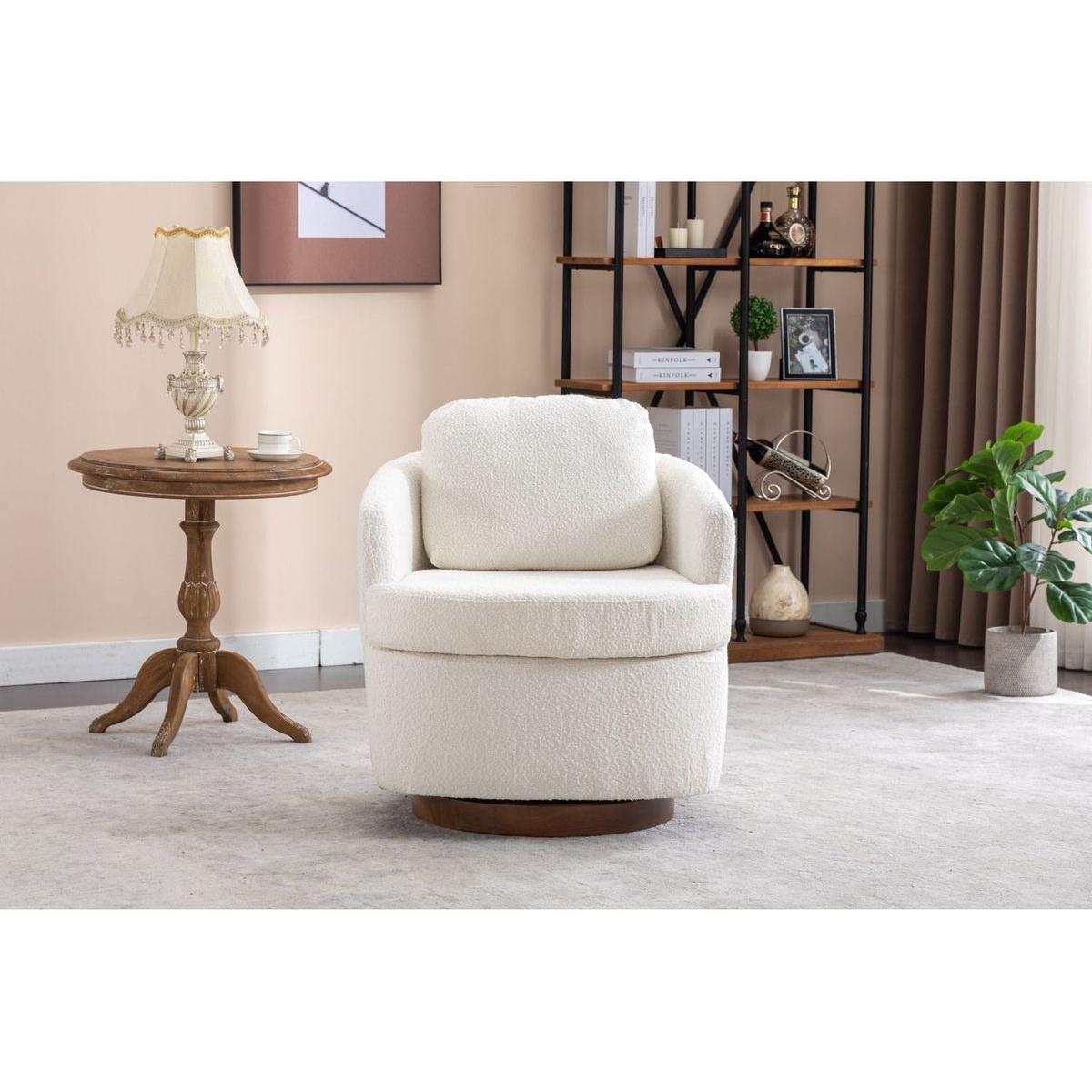 Boucle Fabric Swivel Accent Chair With Soild Wood Round Brown Base Leg,Ivory