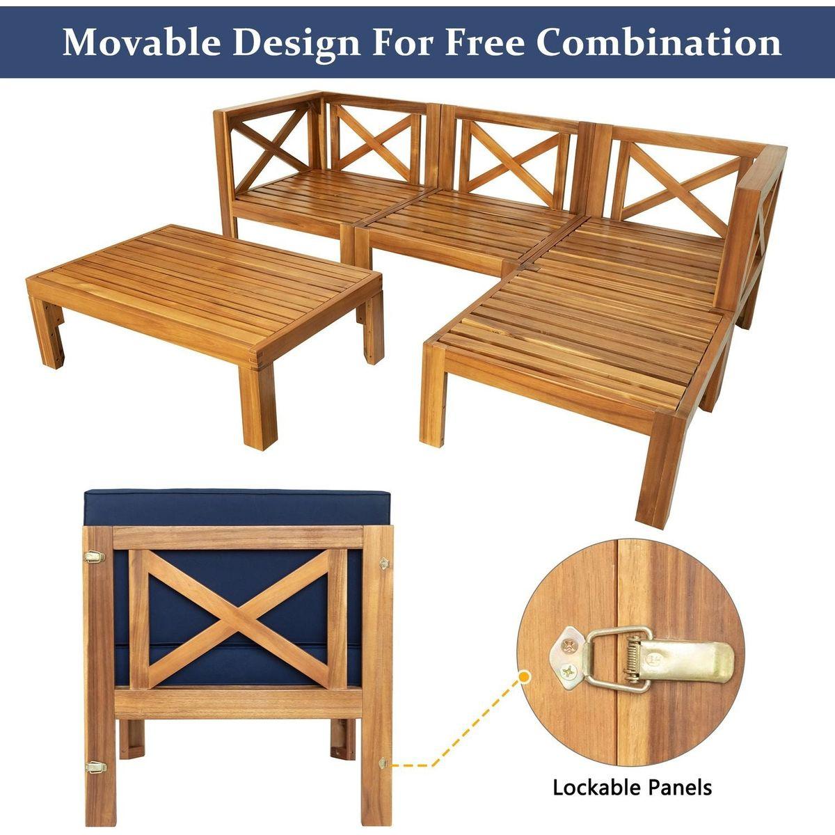 Outdoor Backyard Patio Wood 5-Piece Sectional Sofa Seating Group Set with Cushions, Natural Finish+ Blue Cushions