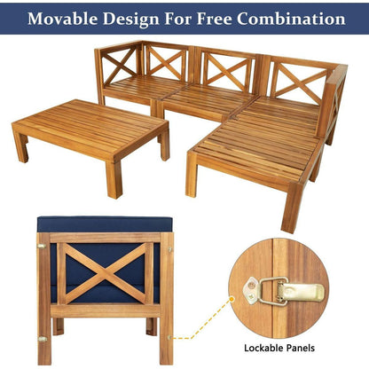 Outdoor Backyard Patio Wood 5-Piece Sectional Sofa Seating Group Set with Cushions, Natural Finish+ Blue Cushions