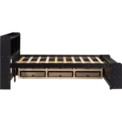 Full Bed with Bookcase Headboard, Under bed Storage Drawers and Bed End Storage Case,Espresso