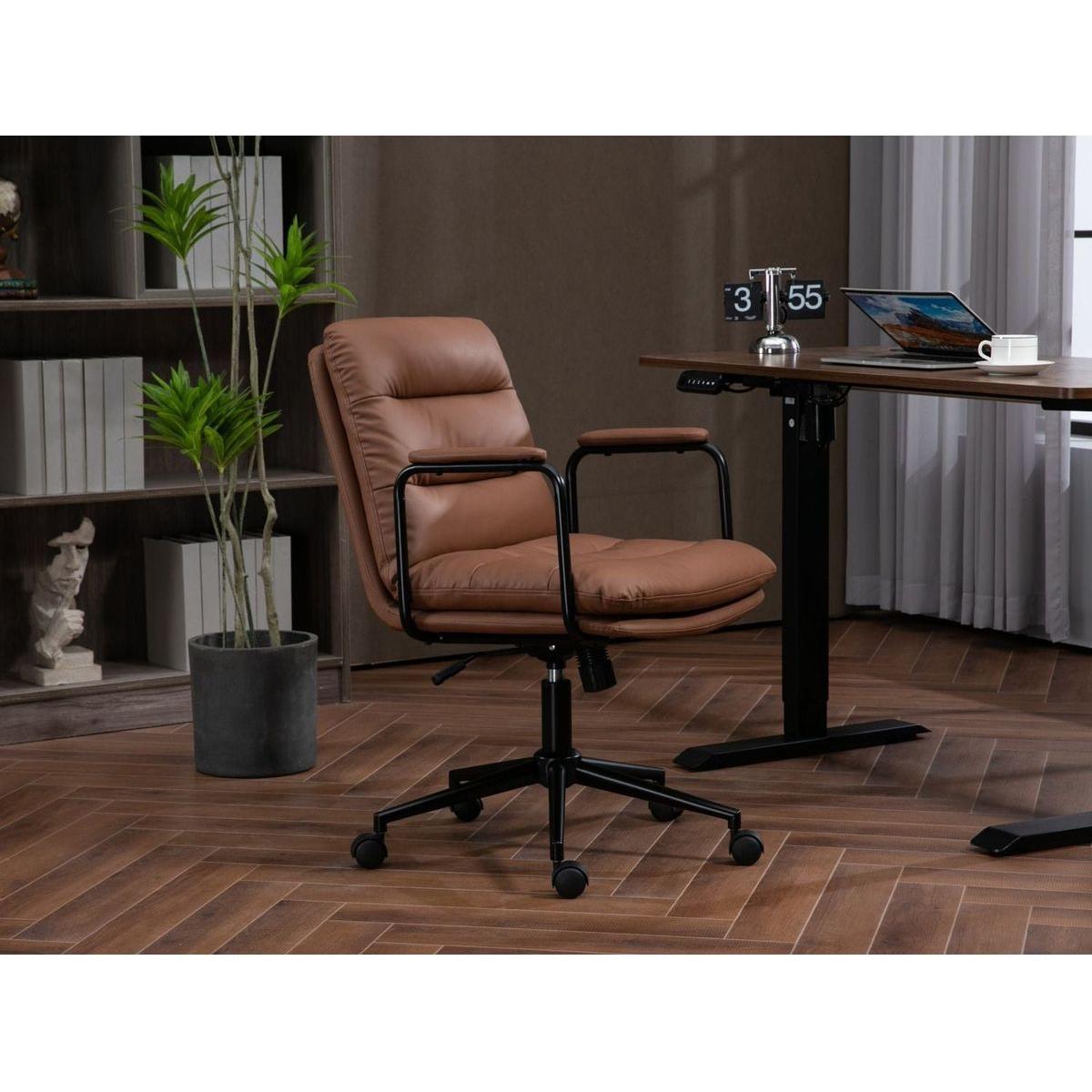 Office Chair,Mid Back Home Office Desk Task Chair with Wheels and Arms Ergonomic PU Leather Computer Rolling Swivel Chair with Padded Armrest,The back of the chair can recline 40 (Brown)