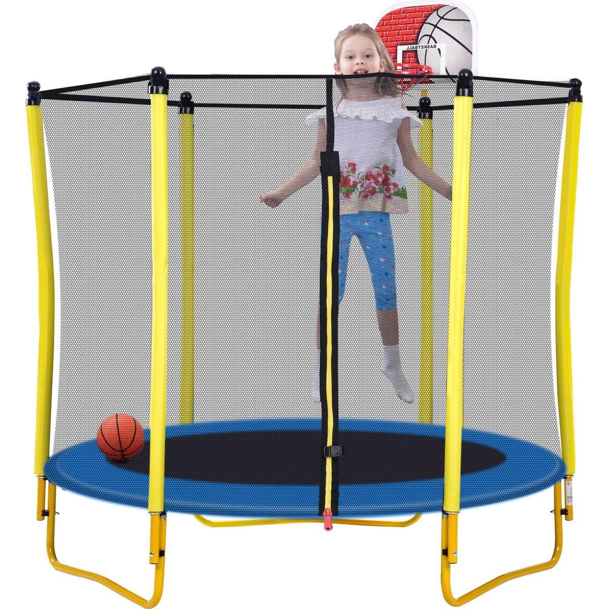 5.5FT Trampoline for Kids - 65" Outdoor & Indoor Mini Toddler Trampoline with Enclosure, Basketball Hoop and Ball Included