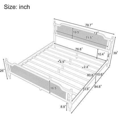 Traditional Style Rattan King Size Bed Frame,No Box Spring Needed,Antique Walnut