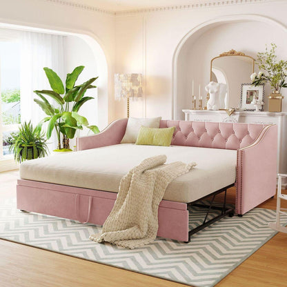 Twin Size Upholstered daybed with Pop Up Trundle, Pink