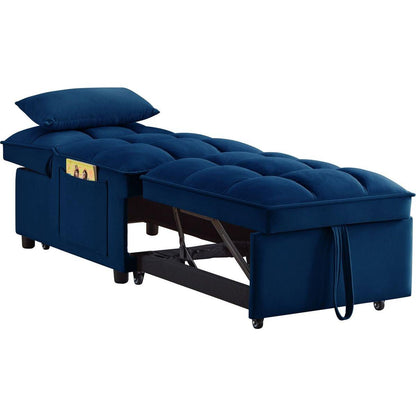 4 in1 Multi-Function Single Sofa Bed with Storage Pockets,Tufted Single Pull-out Sofa Bed with Adjustable Backrest and Pillows, Convertible Chaise Lounge, Navy