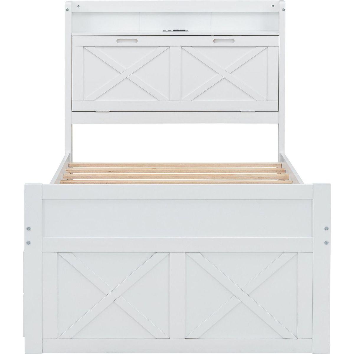 Twin Size Wooden Bed with Storage Headboard with Outlets, Extendable Bed with Twin Size Trundle with Three Storage Drawers,White