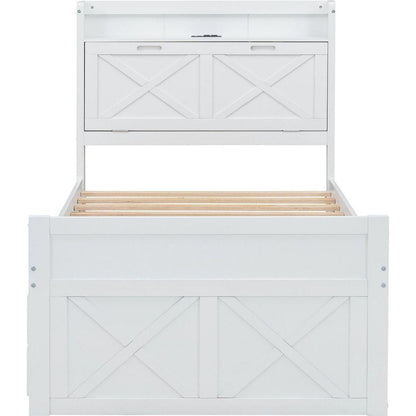 Twin Size Wooden Bed with Storage Headboard with Outlets, Extendable Bed with Twin Size Trundle with Three Storage Drawers,White