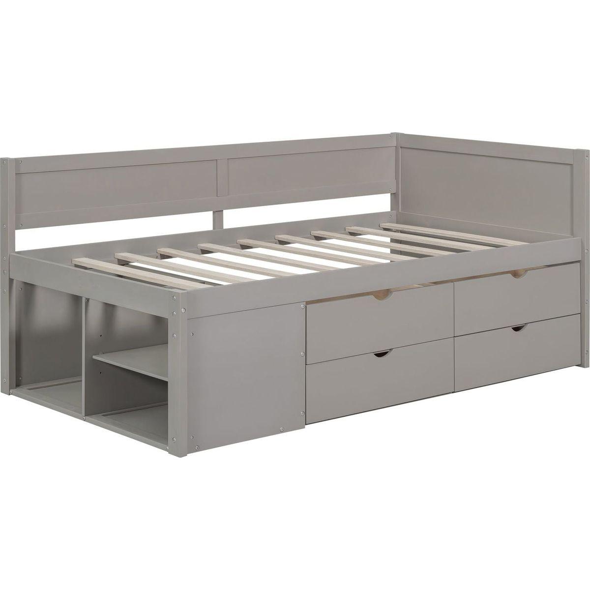 Twin Size Daybed with Drawers and Shelves, Gray