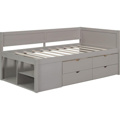 Twin Size Daybed with Drawers and Shelves, Gray