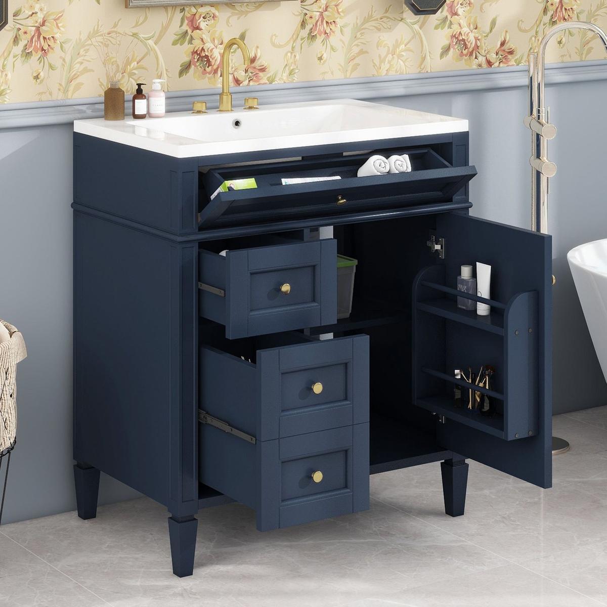 30" Bathroom Vanity with Top Sink, Modern Bathroom Storage Cabinet with 2 Drawers and a Tip-out Drawer, Single Sink Bathroom Vanity