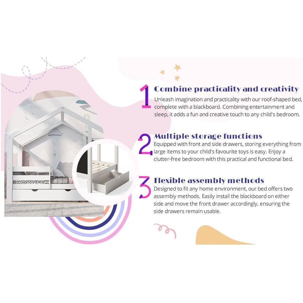 Twin House Bed with Blackboard and Drawers, Two assembly options, White