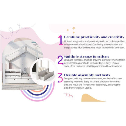 Twin House Bed with Blackboard and Drawers, Two assembly options, White