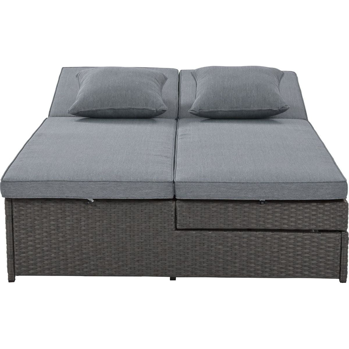 Outdoor Double Sunbed, Wicker Rattan Patio Reclining Chairs with Adjustable Backrest and Seat, Conversational Set for 2 Person, Gray