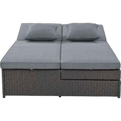 Outdoor Double Sunbed, Wicker Rattan Patio Reclining Chairs with Adjustable Backrest and Seat, Conversational Set for 2 Person, Gray