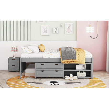 Versatile Full Bed with Trundle,Under bed Storage Box and Nightstand .Grey