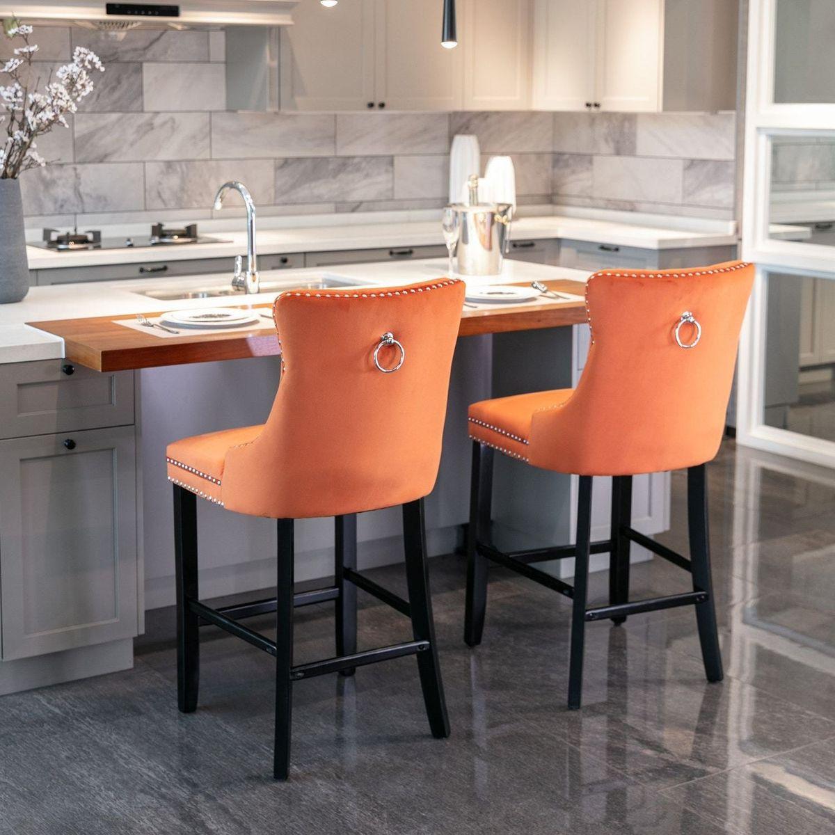 Contemporary Velvet Upholstered Barstools with Button Tufted Decoration and Wooden Legs, and Chrome Nailhead Trim, Leisure Style Bar Chairs,Bar stools, Set of 2 (Orange)