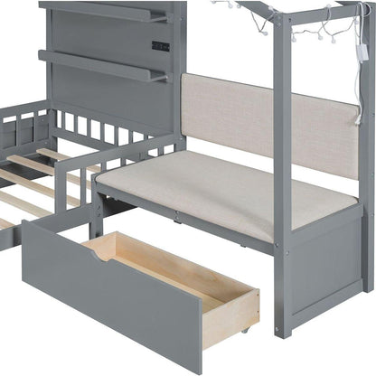 Twin Size House Bed with Upholstered Sofa, House Bed with Charging Station, Wireless Charging, Shelves and Two Drawers, Gray
