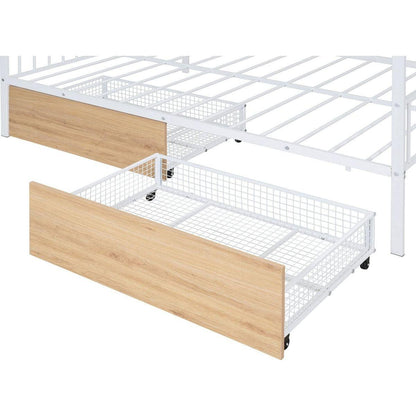 Full Size Metal House Bed with Two Drawers, White