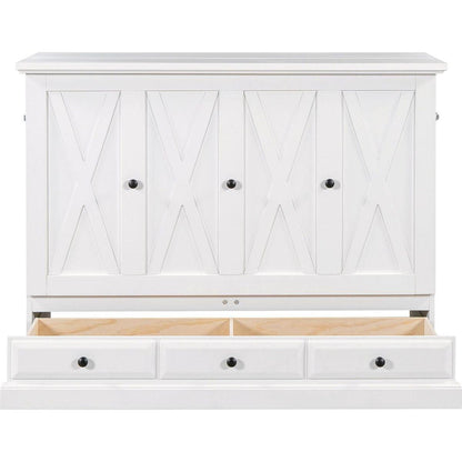 Solid Pine Murphy Bed Chest Cube Cabinet Bed with Charging Station and Large Storage Drawer for Home Office or Small Room,Full,White