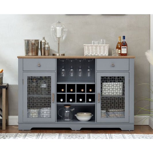 Modern Farmhouse Buffet Cabinet, Sideboard with 2 Drawers and Elegant Glass Door Cabinets, Wine and Glass Rack, Coffee Bar for Kitchen, Dining Room, Light Blue and Light Oak, 56.46"Wx15.55"Dx35.74"H