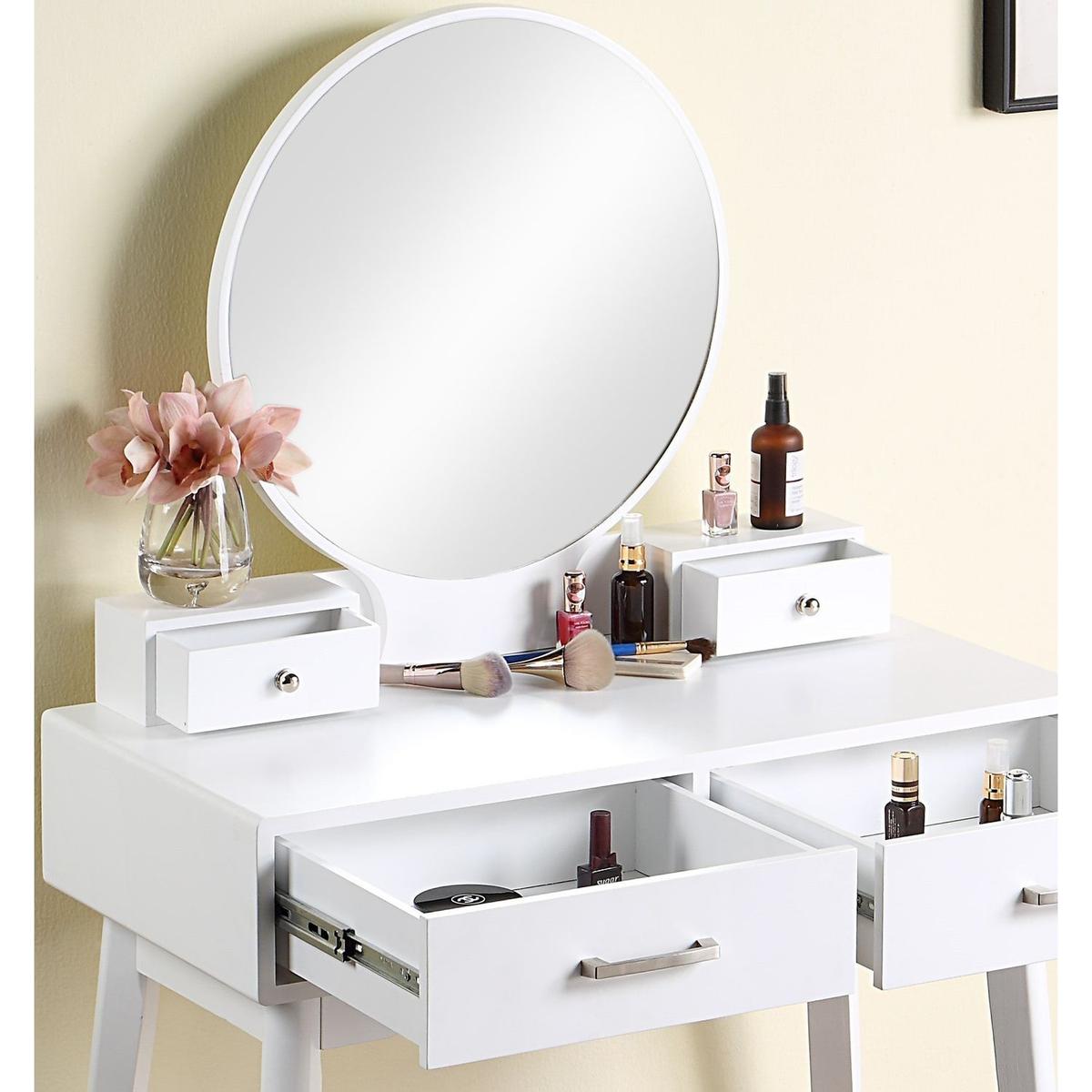 Liannon Contemporary Wood Vanity and Stool Set, White - Streamdale Furniture