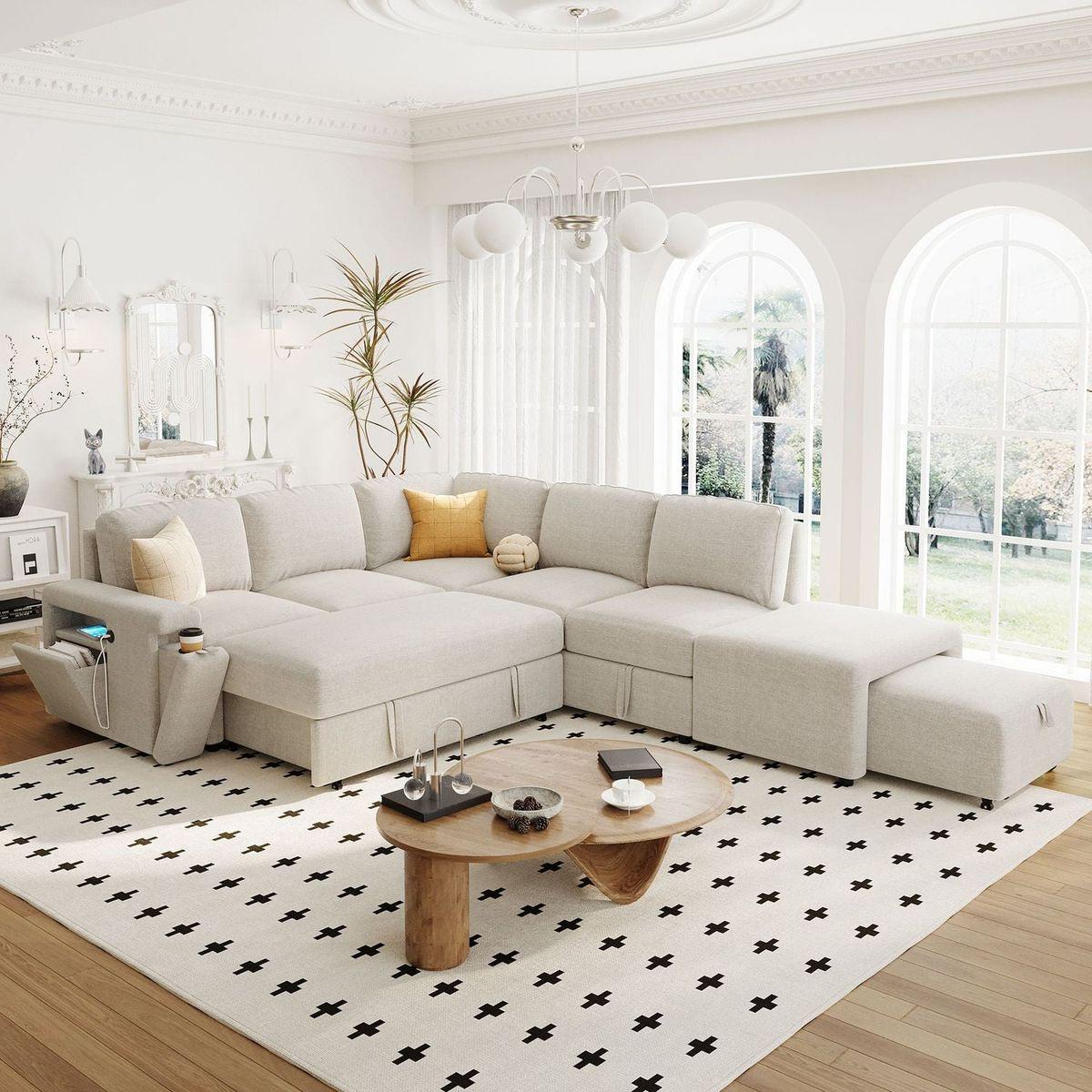 L-shaped Padded Modular Sofa with Storage Space, USB Ports, and Cup Holders on the Armrests, Suitable for Living Rooms, Offices, and Apartments.