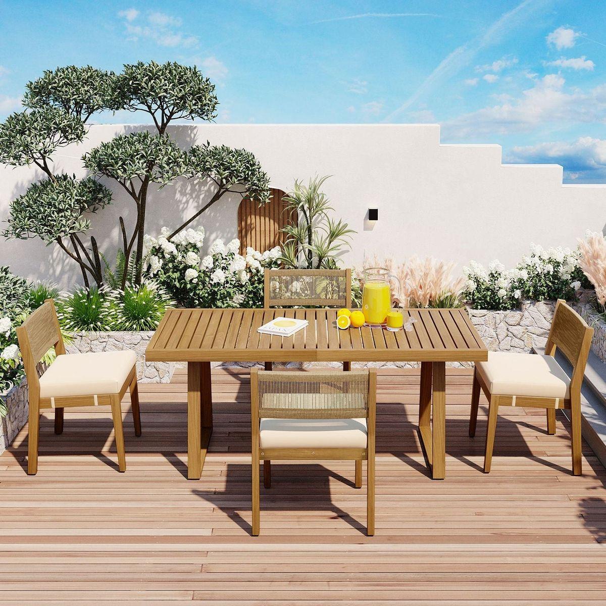 Multi-person Outdoor Acacia Wood Dining Table and Chair Set, Thick Cushions, Suitable for Balcony, Vourtyard, and Garden.