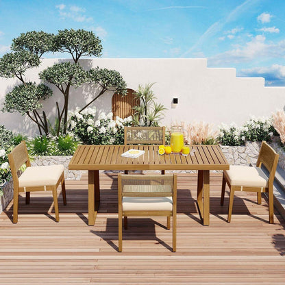 Multi-person Outdoor Acacia Wood Dining Table and Chair Set, Thick Cushions, Suitable for Balcony, Vourtyard, and Garden.