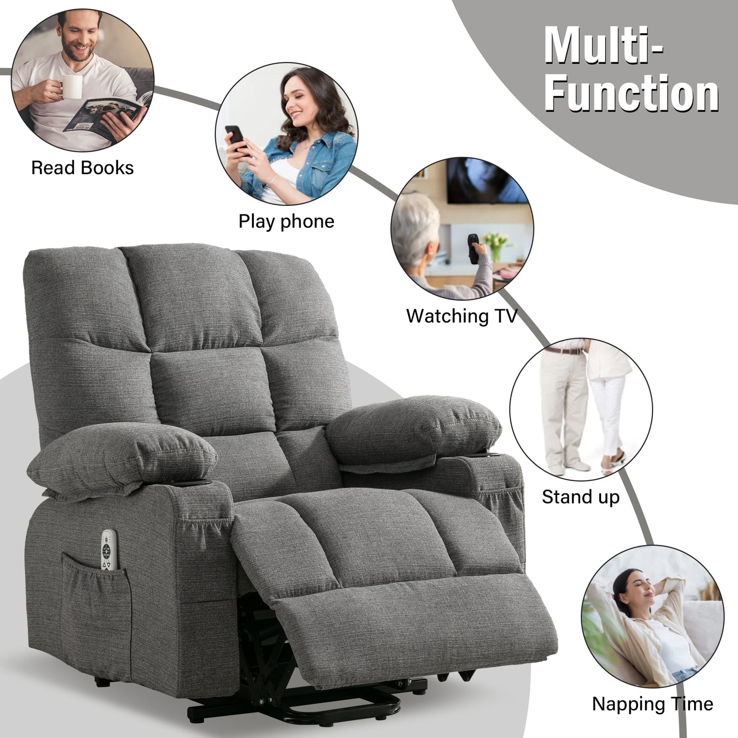 Power Lift Recliner Chair Recliners for Elderly with Heat and Massage Recliner Chair for Living Room with Infinite Position and Side Pocket,USB Charge Port.SMOKYGREY