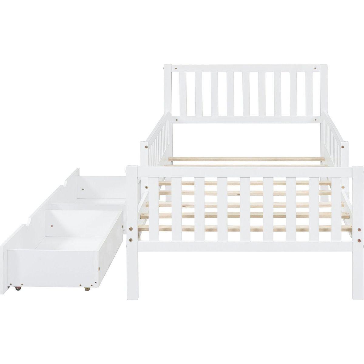 Twin Size Wood Platform Bed with Guardrails on Both Sides and Two Storage Drawers, White