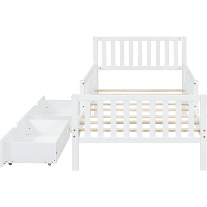 Twin Size Wood Platform Bed with Guardrails on Both Sides and Two Storage Drawers, White